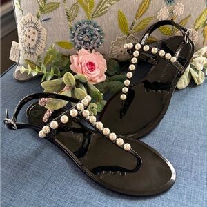 Elegant Goldie Stuart Weitzman Jelly Black Sandals with Pearl Accents Size 8